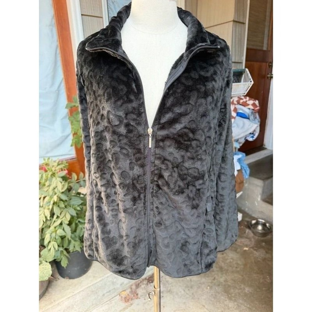 Jason Maxwell Womens XL Black Leopard Faux Fur Zip Up Jacket Rhinestone Pull